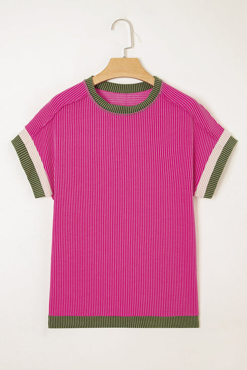 Retro Vibe Contrast Trim Corded Knit Short Sleeve Top